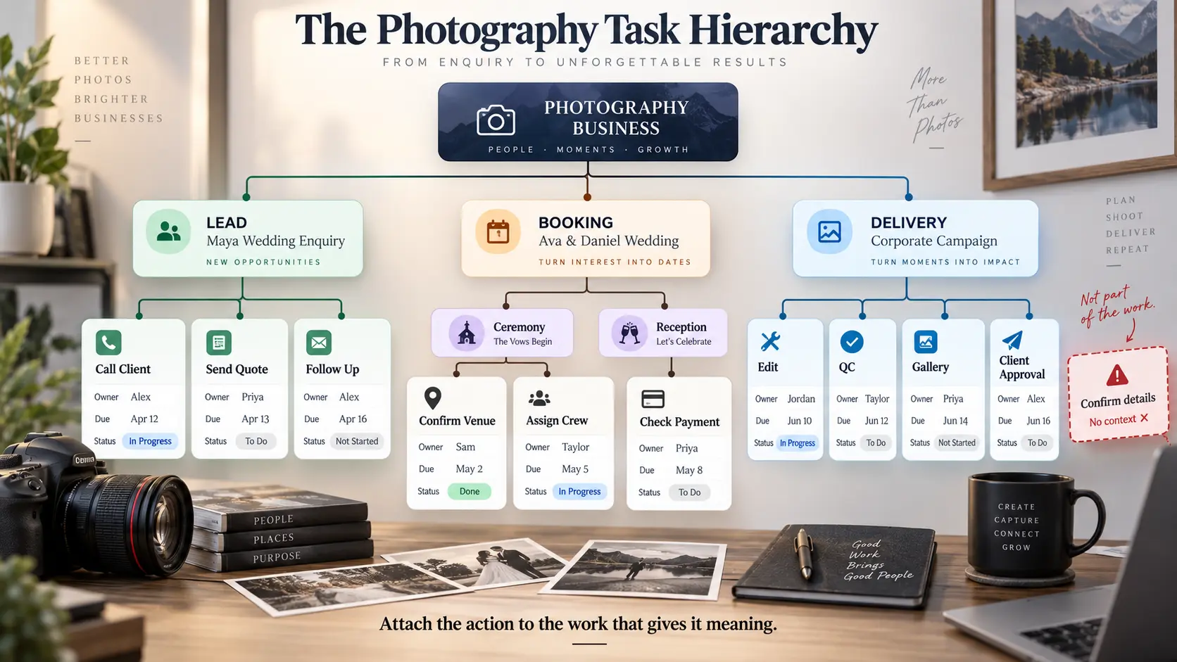 Photography task hierarchy connecting individual tasks to leads, bookings, events and delivery workflows with owners and deadlines.
