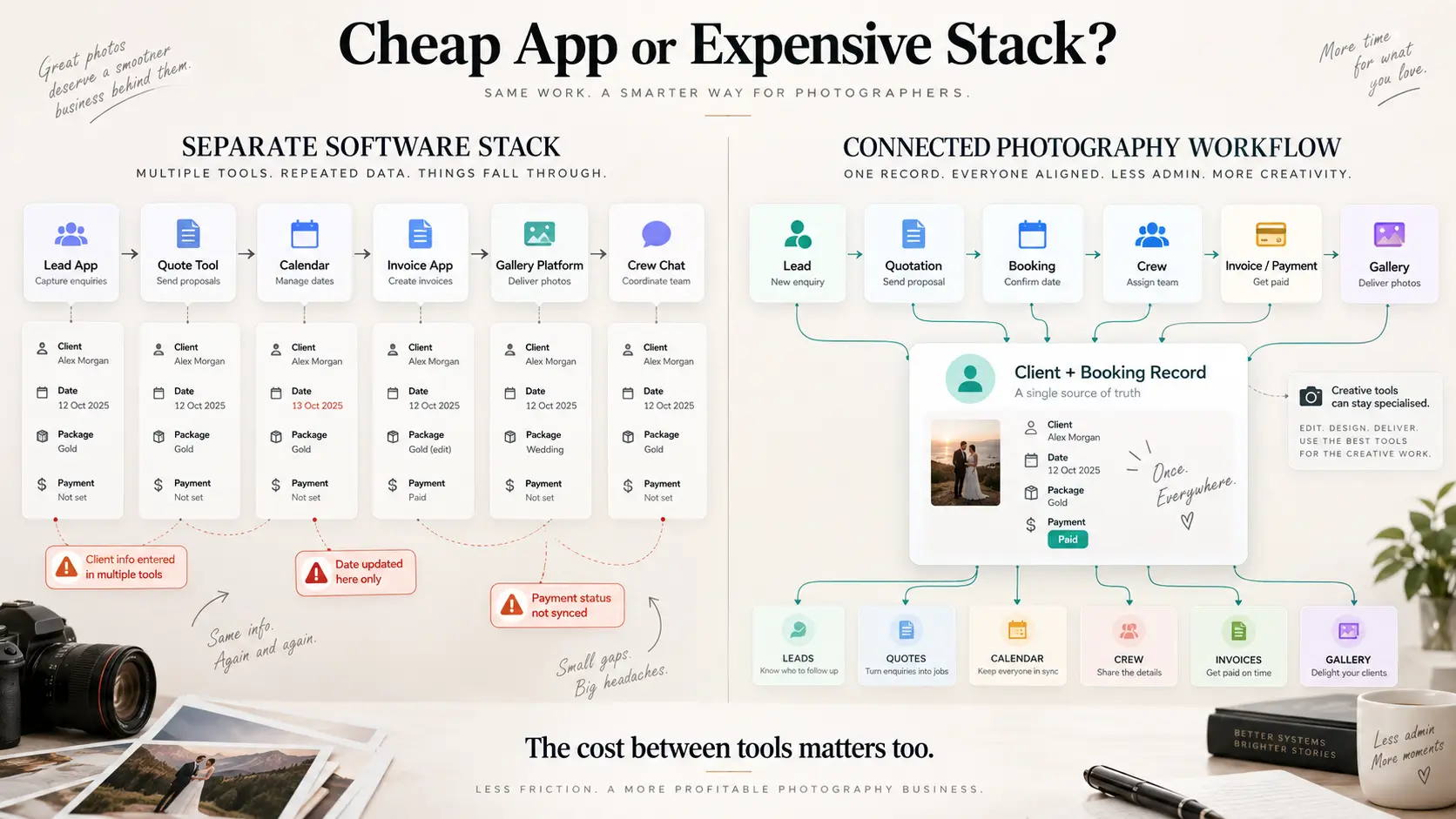Comparison of a fragmented photography software stack with a connected CRM workflow from lead and quotation through booking, invoice and gallery delivery.
