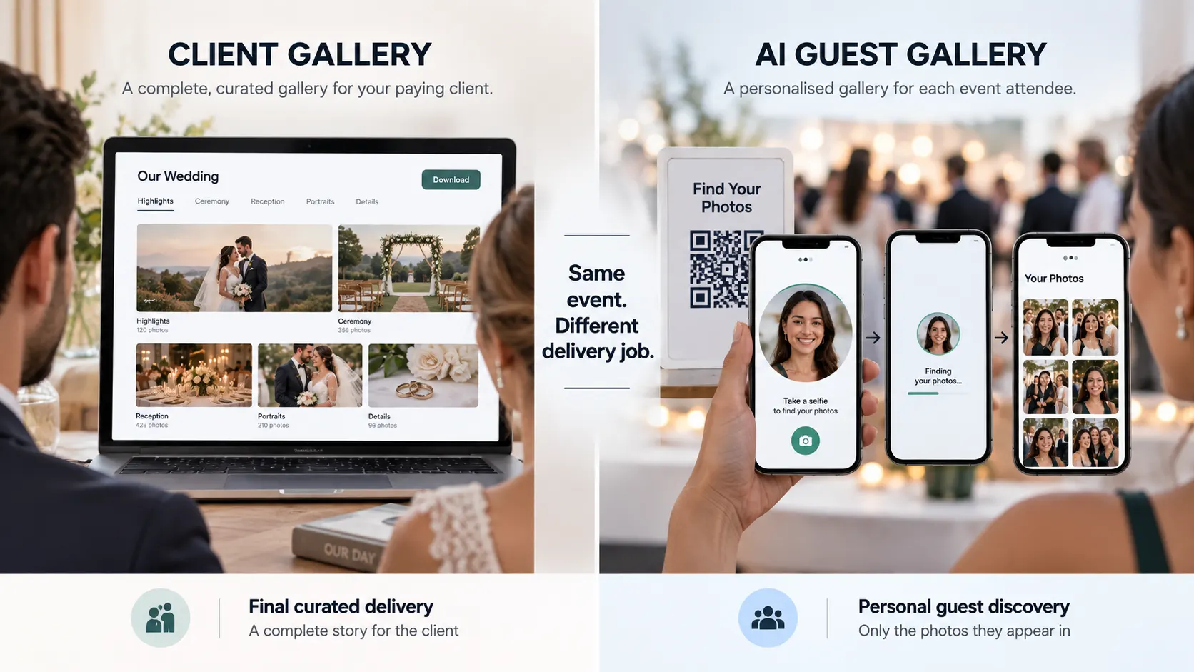 Comparison between a standard client gallery for final event delivery and an AI guest gallery using face recognition for personal photo discovery.
