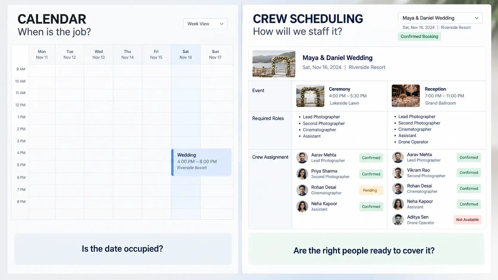 Comparison between a basic photography calendar and crew scheduling software that manages roles, availability, assignments and confirmations.