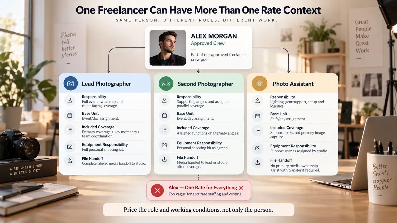 Photography freelancer profile showing different internal rate structures for lead photographer, second photographer and assistant roles.