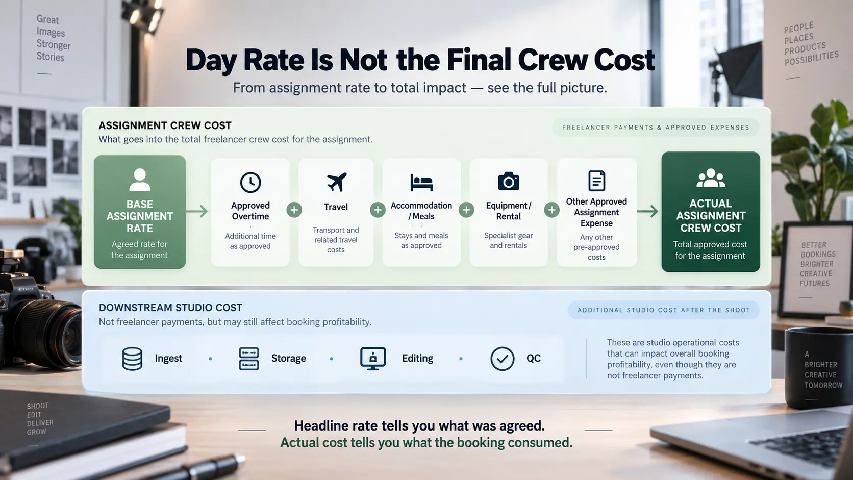 Photography crew cost diagram adding overtime, travel, accommodation and equipment expenses to a freelancer's base assignment rate.