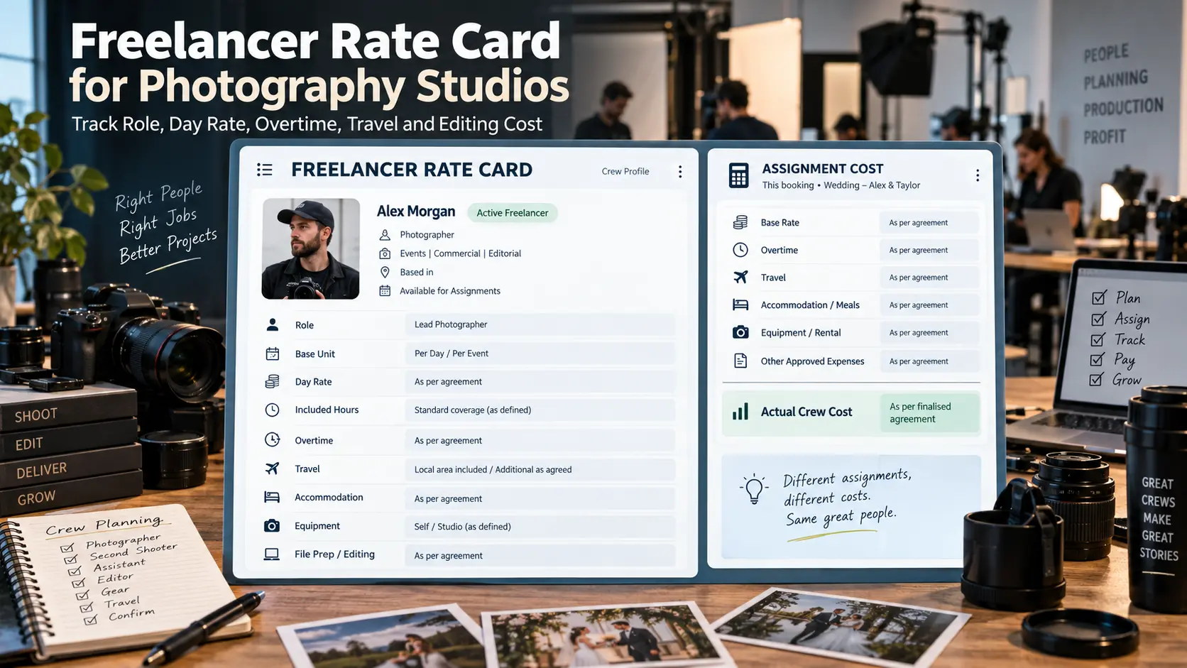 Photography freelancer cost review comparing expected crew cost with actual overtime, travel, expenses and editing impact after a booking.