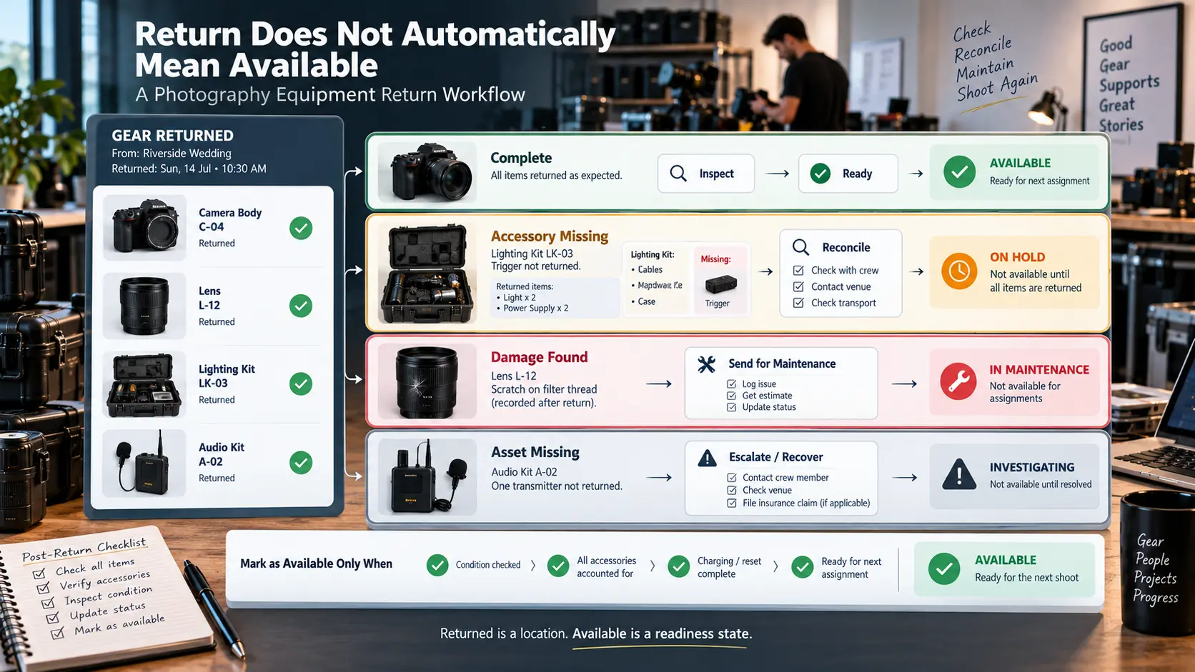 Photography equipment return workflow showing complete, missing, damaged and maintenance outcomes before gear becomes available again.