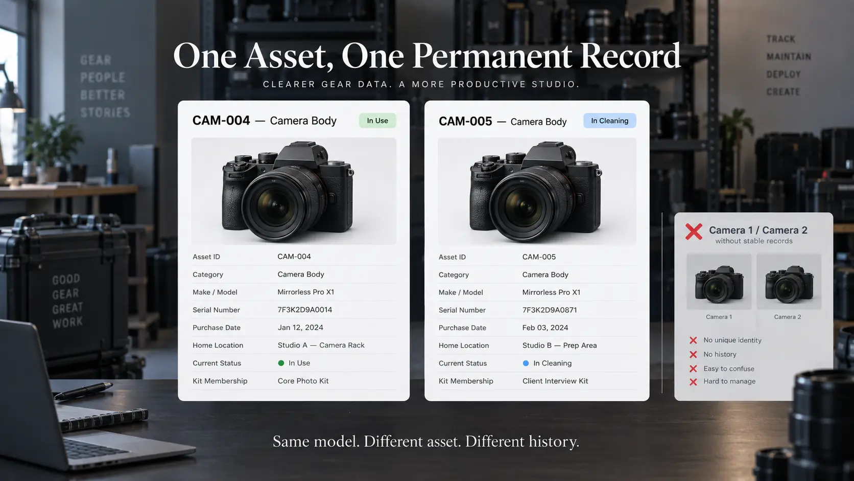 Camera inventory records showing two identical camera models with different asset IDs, serial numbers, status and equipment histories.