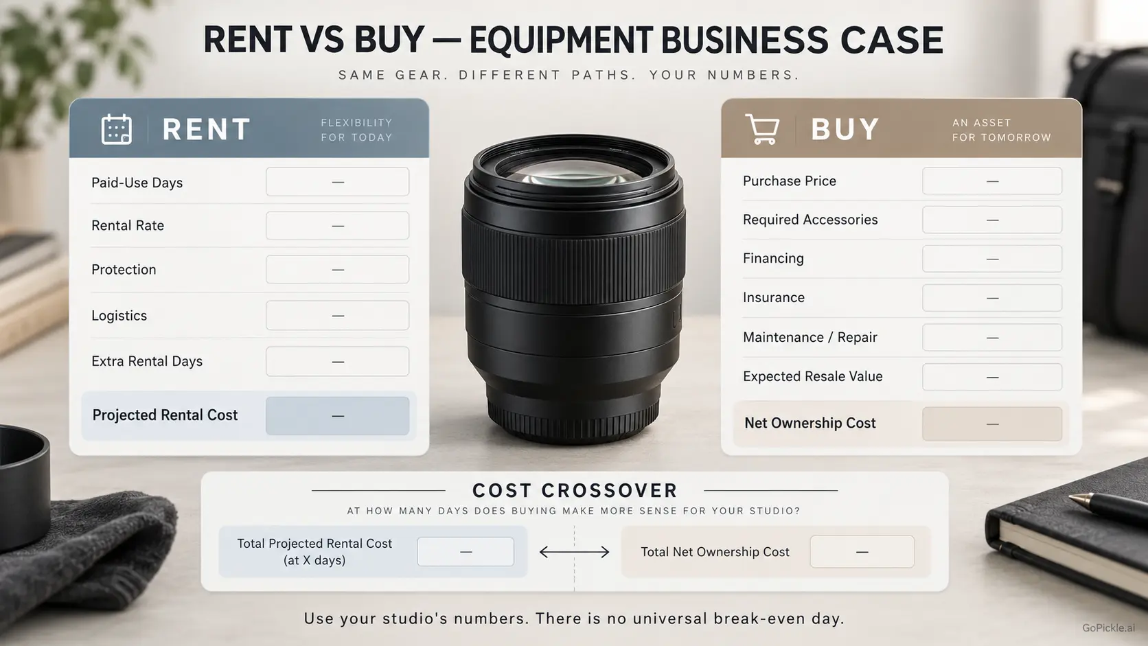 Photography equipment rent-versus-buy worksheet comparing rental costs, ownership costs, resale value and expected paid-use days.