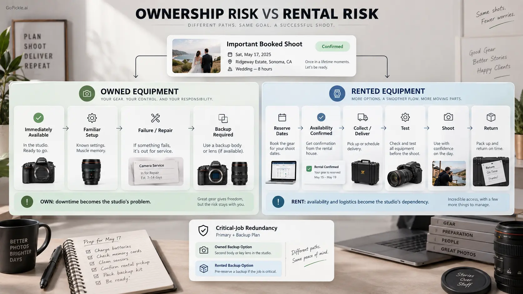 Comparison of availability and failure risks when a photography studio owns equipment versus renting it for a booked shoot.