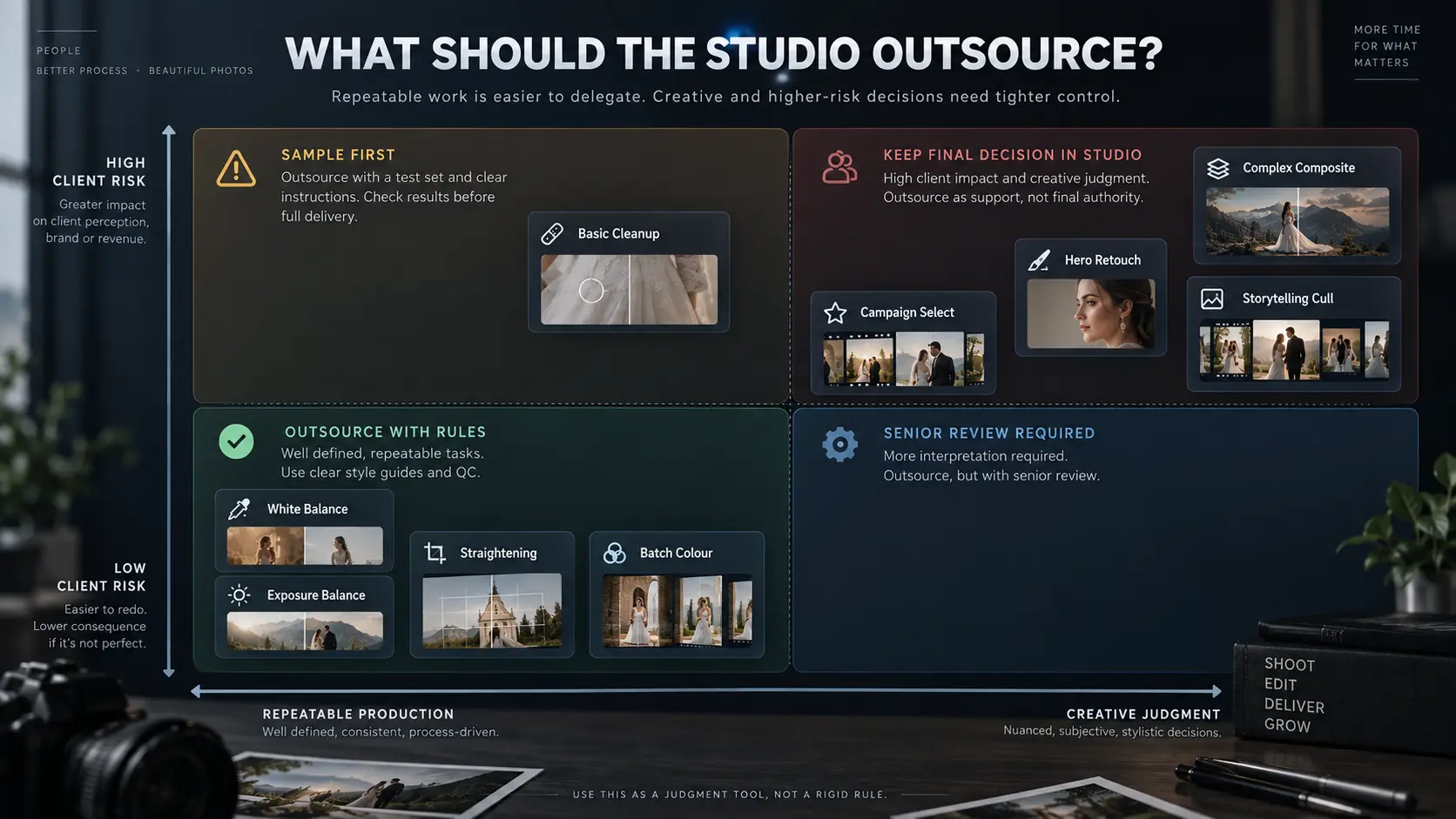Photography editing outsourcing matrix comparing repeatable editing tasks with creative and higher-risk post-production work.