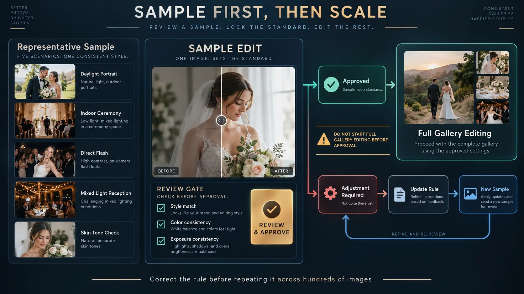 Wedding photo editing sample approval workflow checking representative lighting conditions before a full outsourced gallery edit.