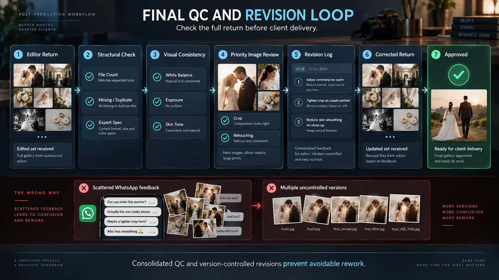 Outsourced photo editing quality-control workflow covering file checks, visual consistency, revision feedback and final approval.