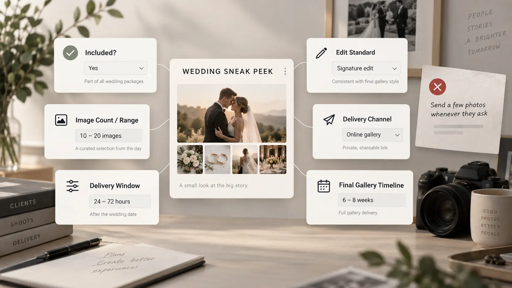 Wedding sneak peek planning board defining image quantity, delivery window, editing standard, delivery channel and final gallery timeline.