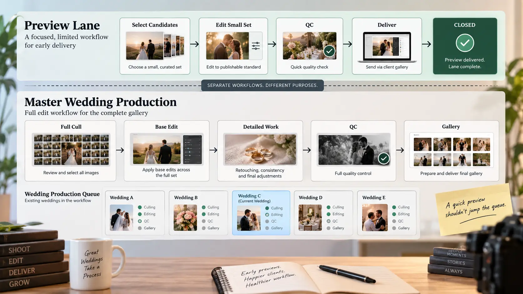 Photography editing workflow separating a short wedding sneak peek production lane from the complete wedding editing queue.