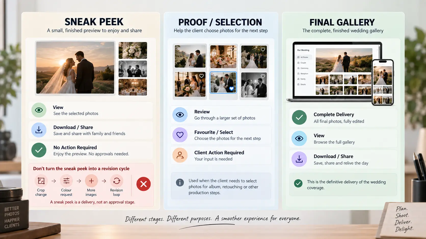 Comparison of wedding sneak peeks, client proof galleries and final galleries showing which stages require client decisions.