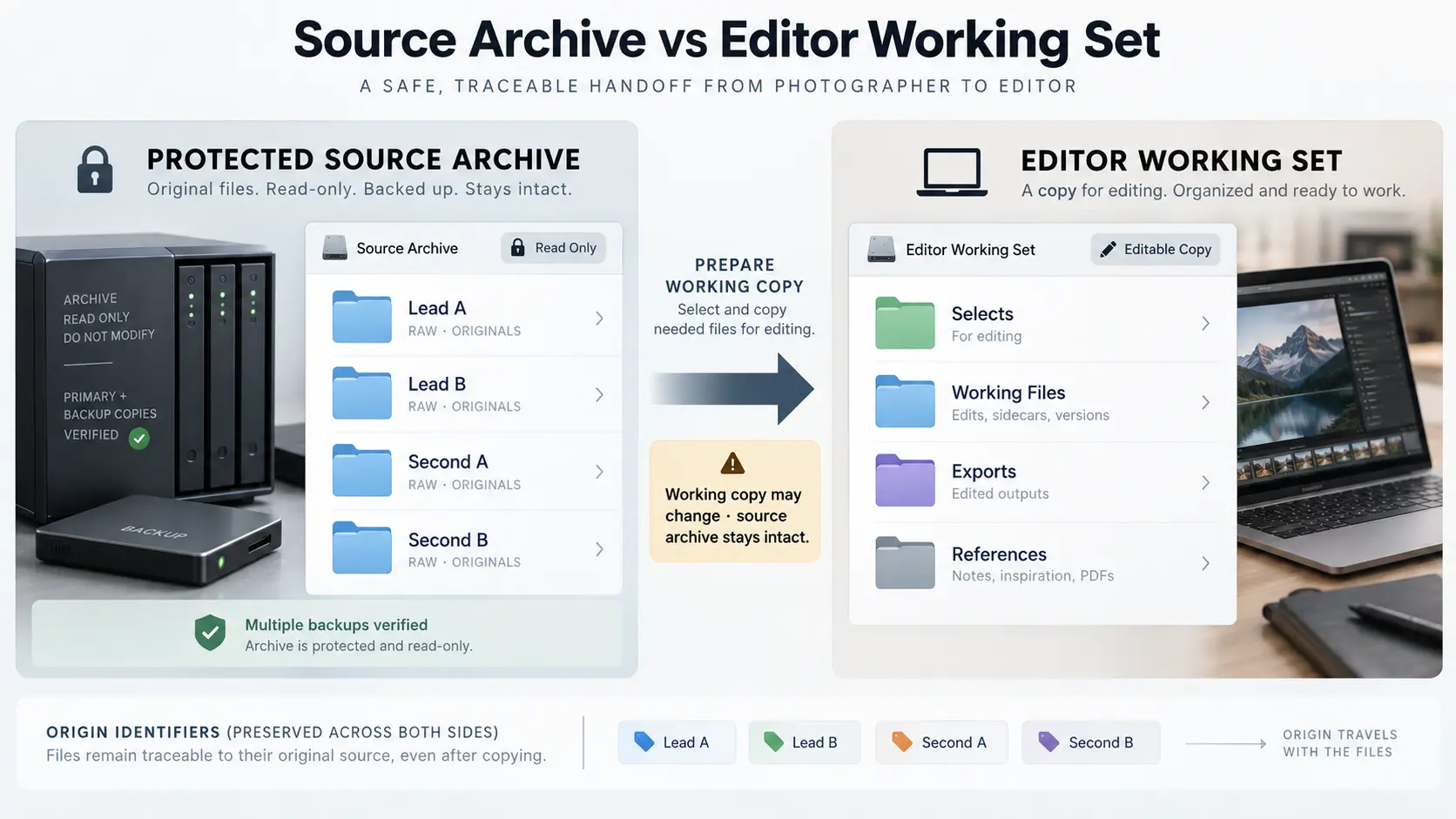 Photography file workflow separating protected RAW source folders from the editor working set while preserving camera and photographer identity.