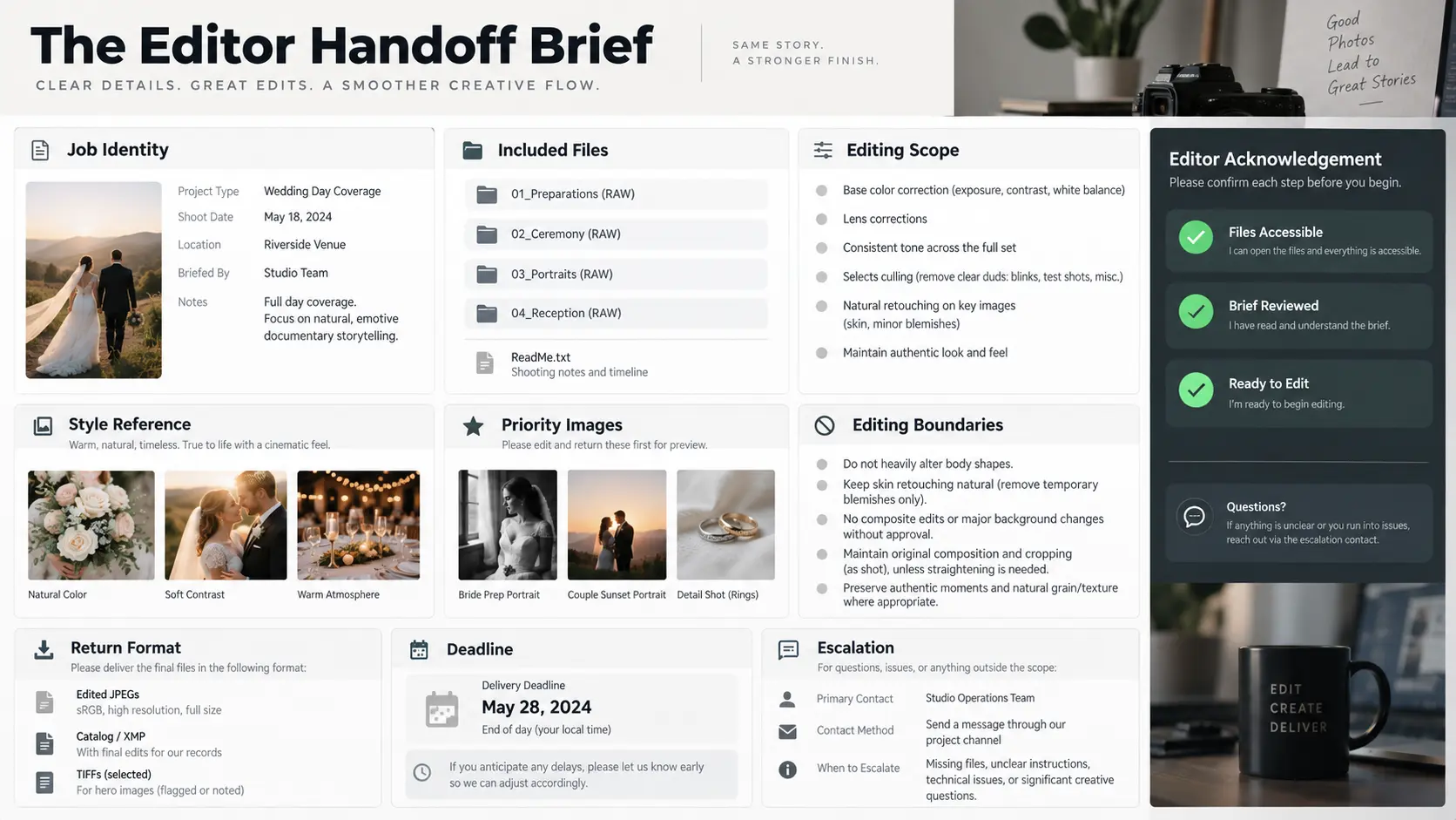 Photography editor handoff brief defining job scope, source files, editing style, priorities, output format and responsibility.