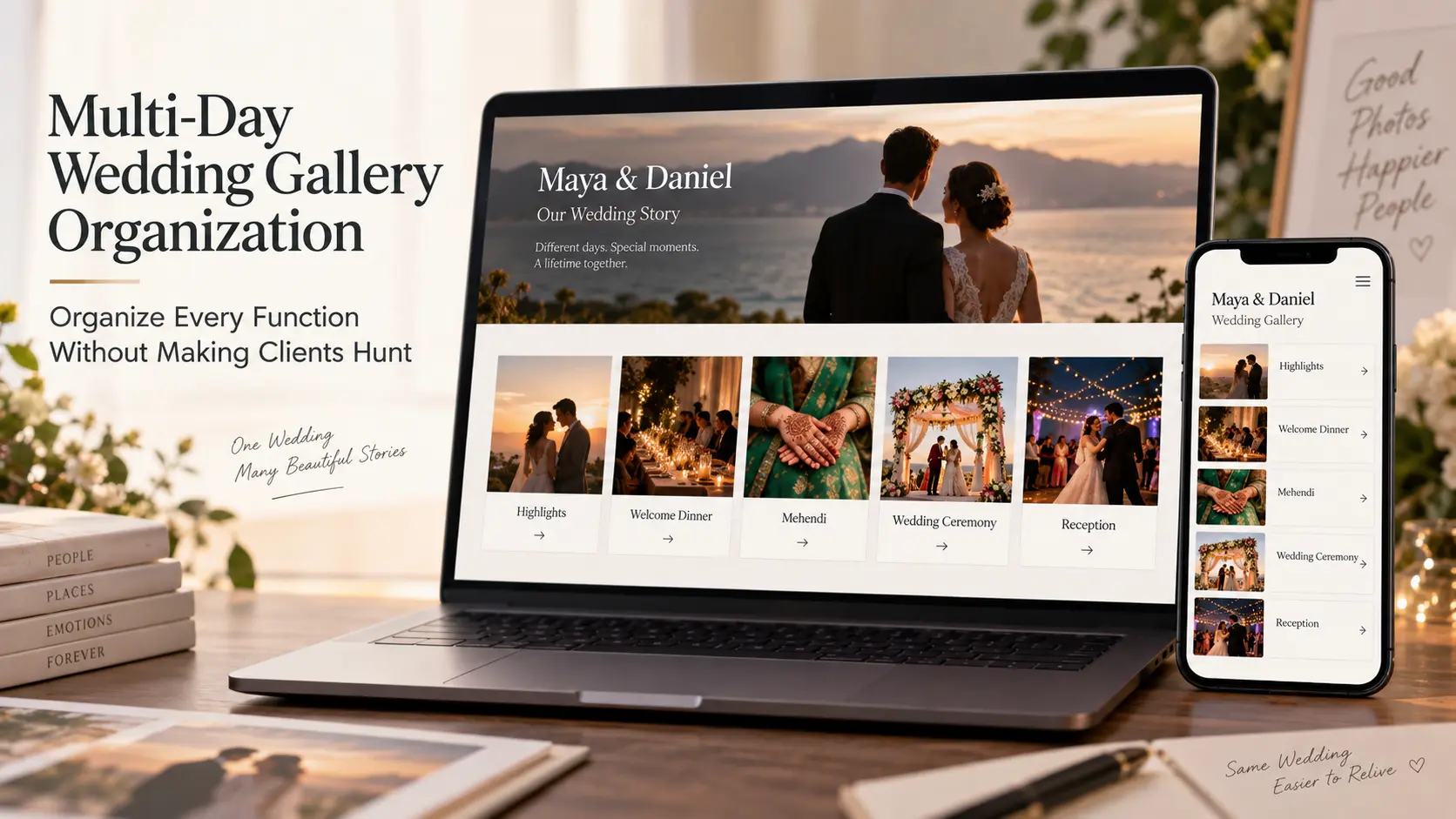 Mobile test of a multi-day wedding gallery covering navigation, favourites, downloads and family sharing.