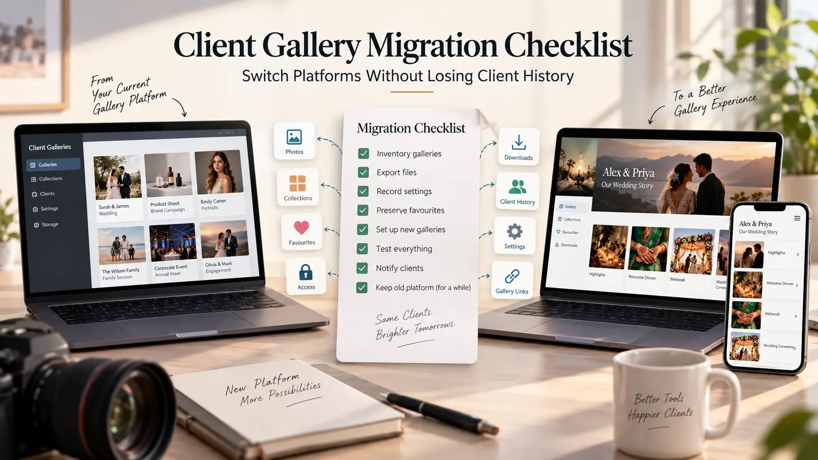 Photography gallery migration release test checking files, collections, access, selections, downloads, links and mobile viewing.