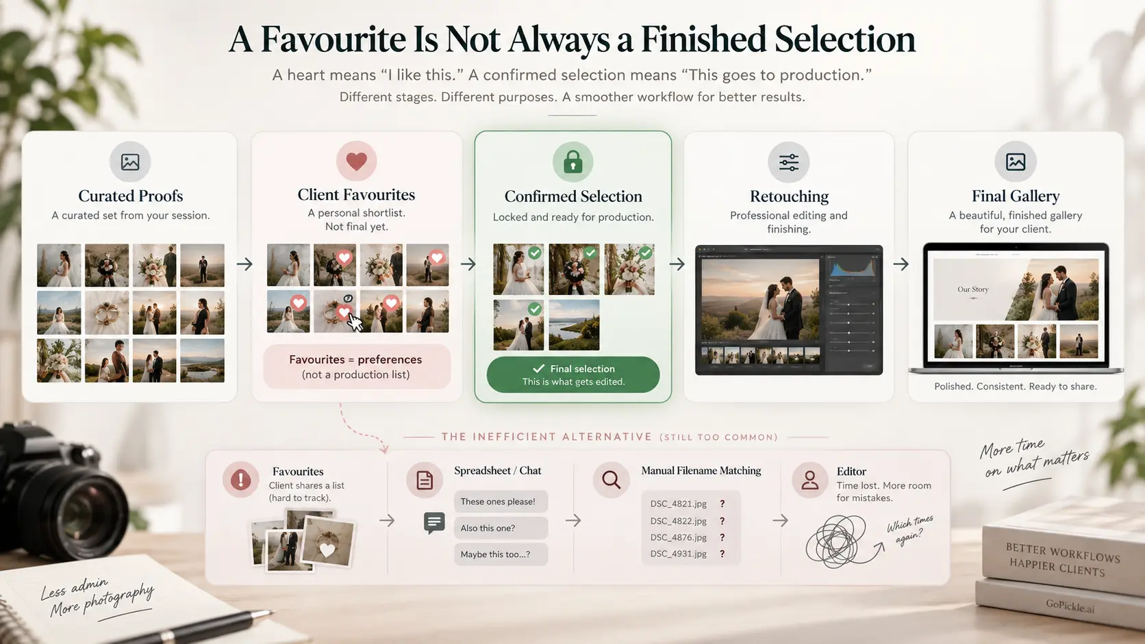 Photography proofing workflow comparing client favourites with confirmed photo selection and retouching handoff.