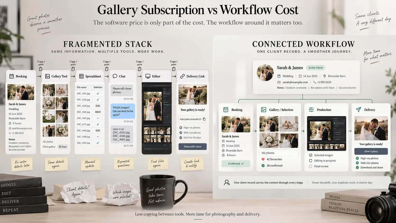 Photography studio workflow comparing separate gallery tools with a connected booking, selection and delivery process.