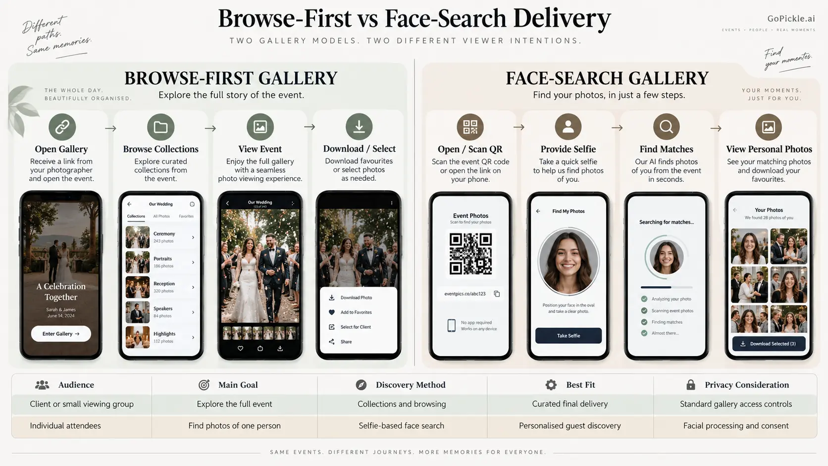 Comparison of browse-first client gallery workflow and AI selfie-based face-search event gallery workflow.