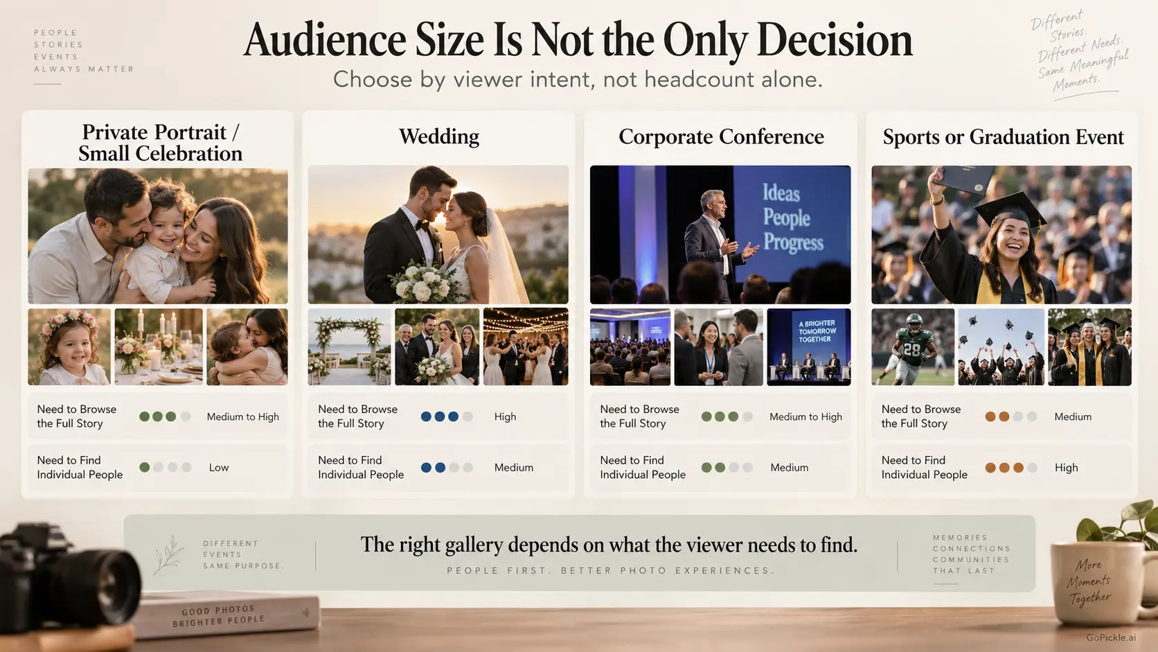 Photography event gallery decision board comparing browsing and person-finding needs across private events, weddings, conferences and large events.
