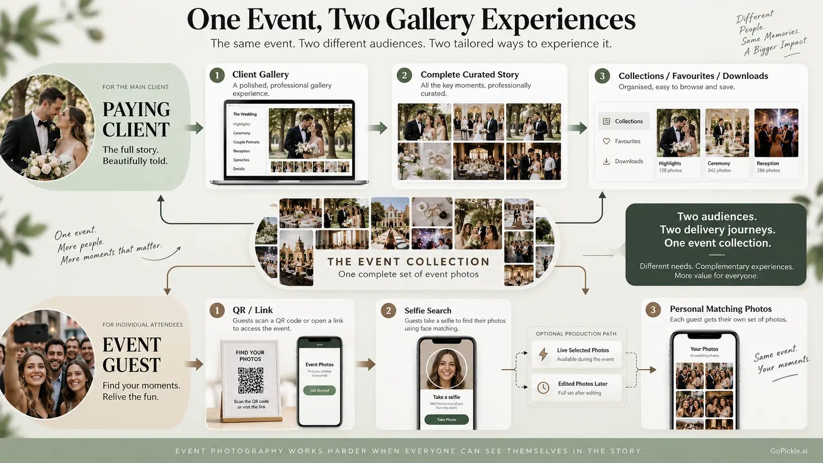 Hybrid event photo delivery workflow using a curated client gallery for the main client and AI face search for individual guests.