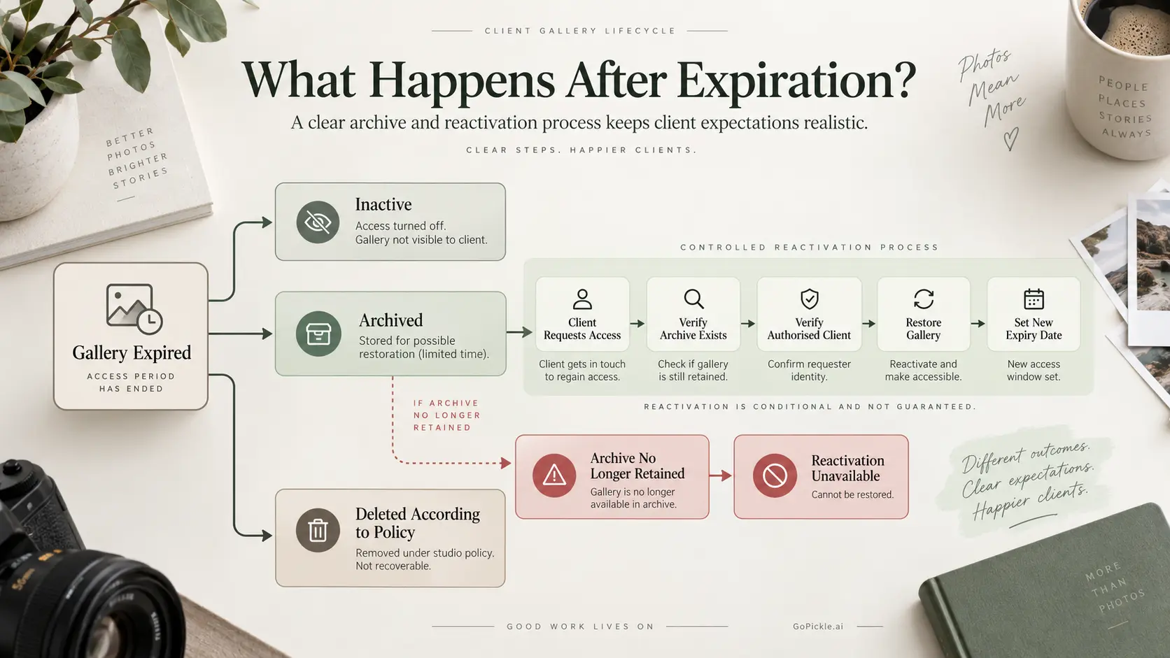 Client gallery archive and reactivation workflow showing how photographers handle expired galleries and restoration requests.