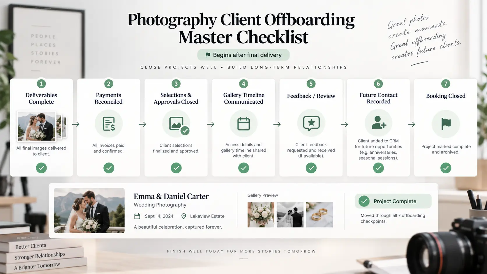 Photography client offboarding checklist covering deliverables, payments, approvals, gallery access, feedback, future contact and booking closure. Caption: Offboarding turns “photos deli