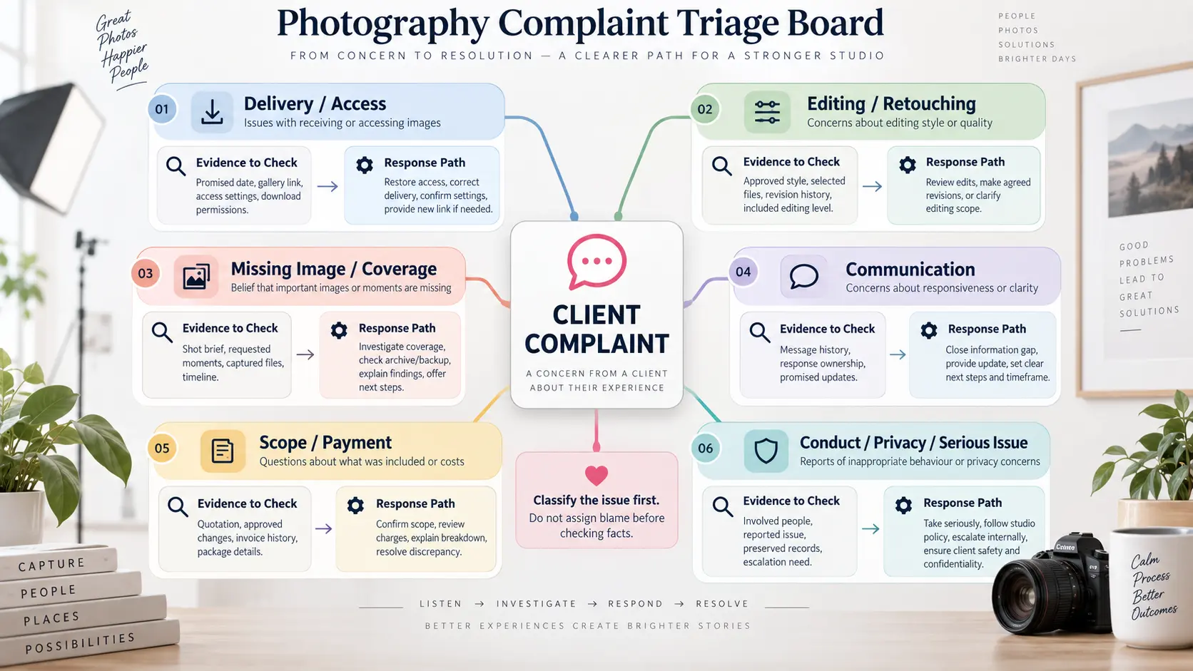 Photography complaint triage workflow classifying client issues involving delivery, editing, missing photos, communication, scope and serious concerns.