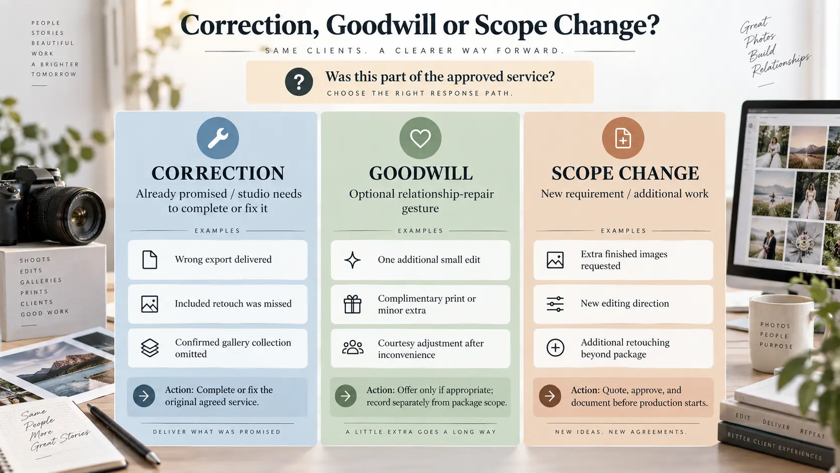 Photography service recovery decision board separating corrections, goodwill gestures and additional client scope.