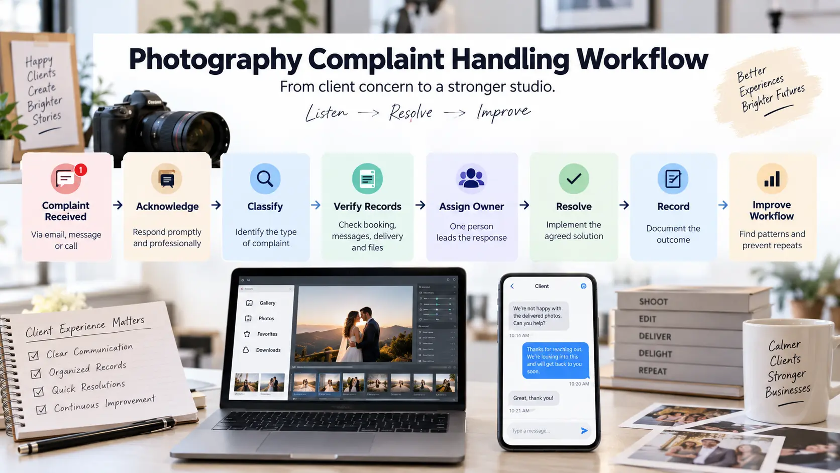 Photography studio complaint review process turning recurring client problems into workflow and service improvements.