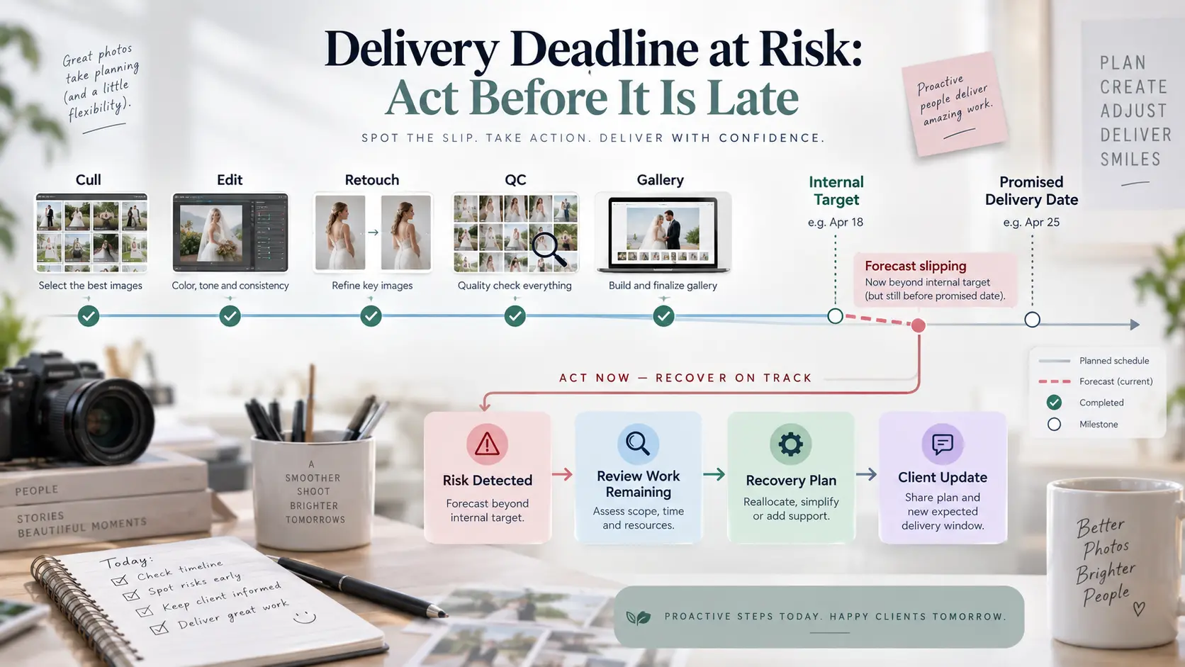 Photography delivery recovery timeline identifying deadline risk before the promised client delivery date is missed.