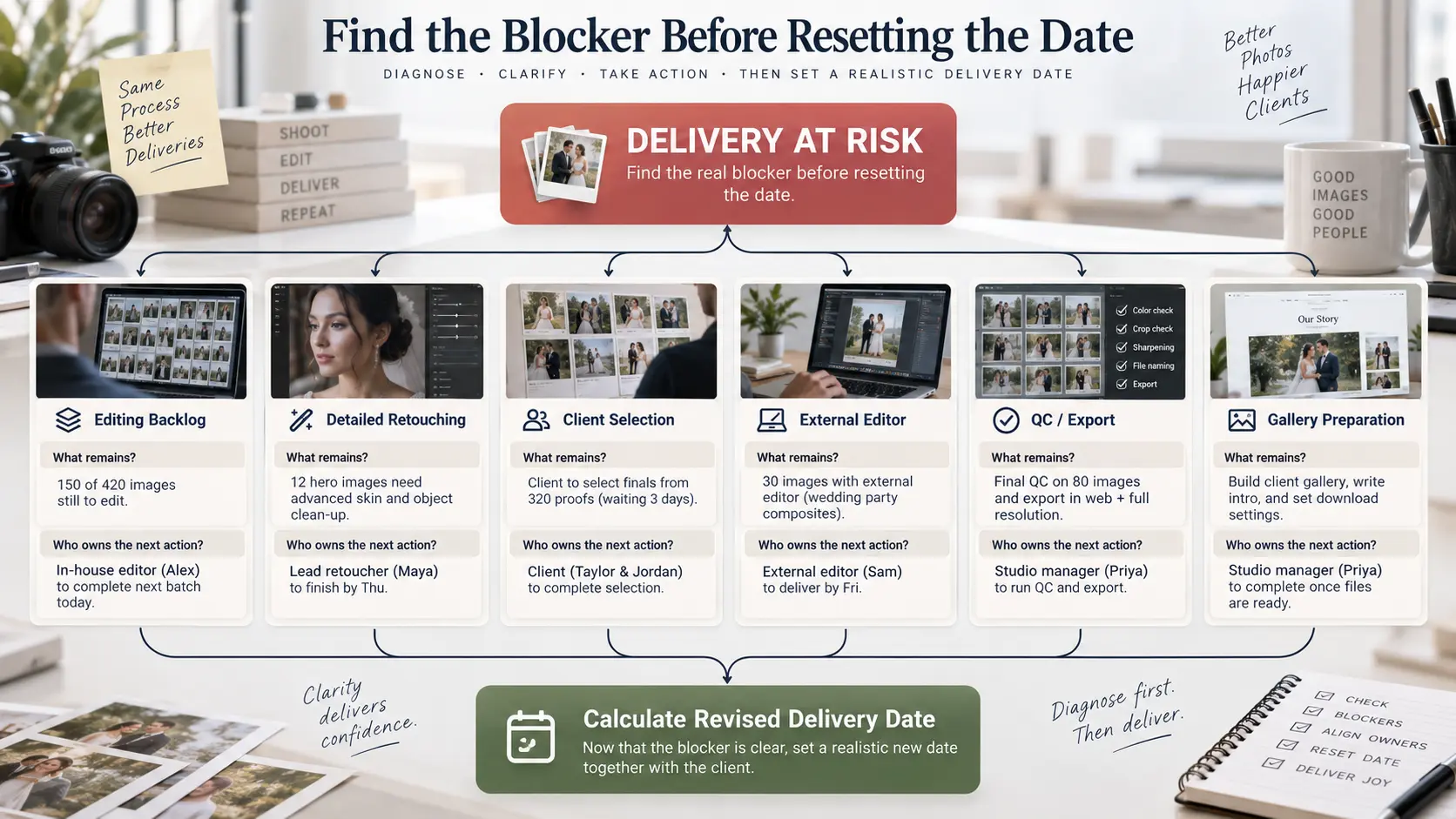 Photography production delay diagnostic board identifying editing, retouching, client, editor, quality control and gallery blockers before resetting delivery.
