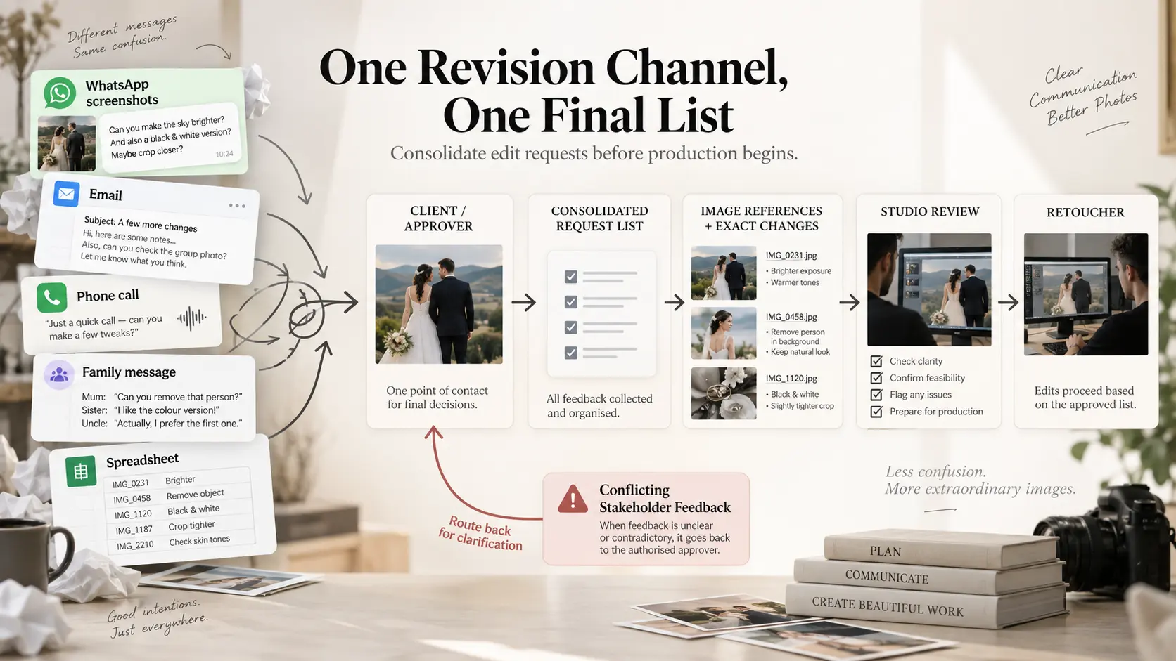 Photography revision workflow consolidating client edit requests from multiple communication channels into one approved list.
