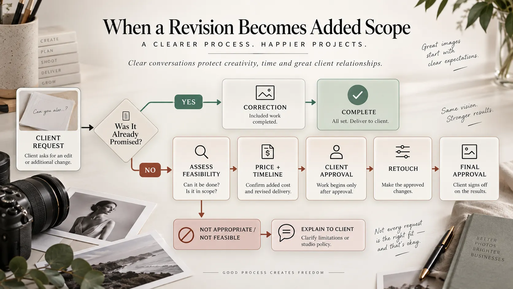 Photography edit request workflow distinguishing included corrections from additional retouching that requires price and timeline approval.