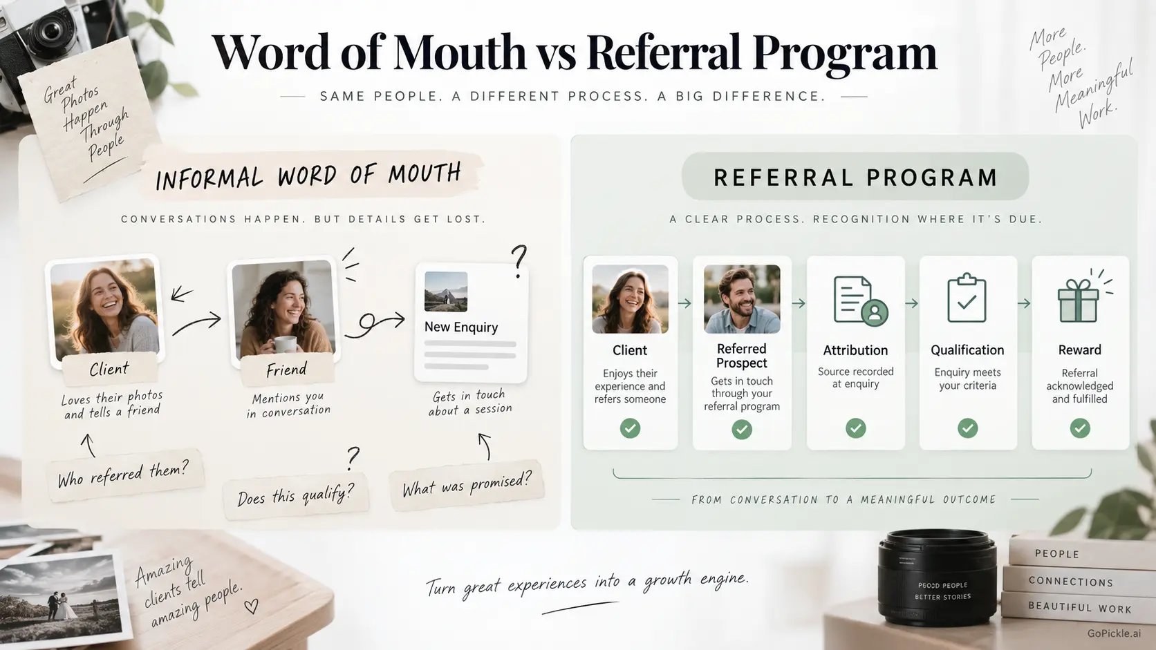 Comparison between informal photography word-of-mouth referrals and a structured photographer referral program.