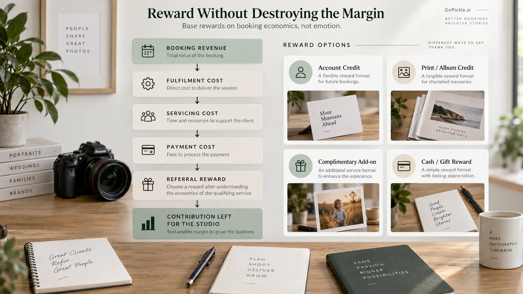 Photography referral reward model comparing booking revenue, operating costs and different referral incentive options.