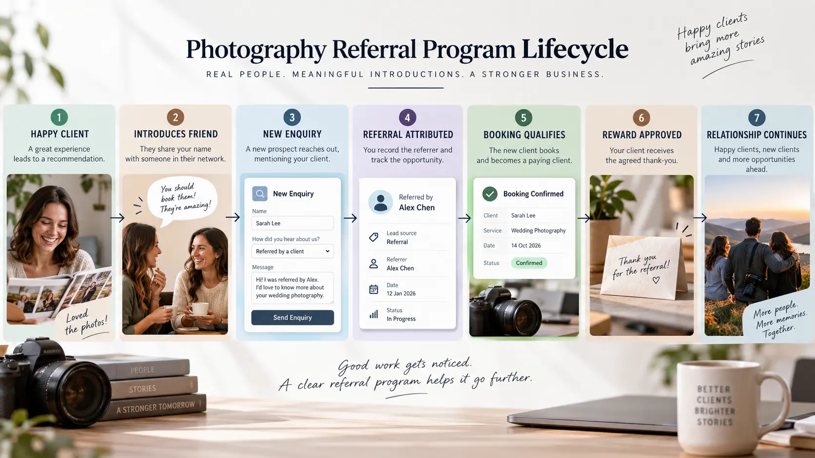 Photography referral reward workflow showing eligibility, booking, qualifying payment, approval and exceptions for duplicate or cancelled referrals.