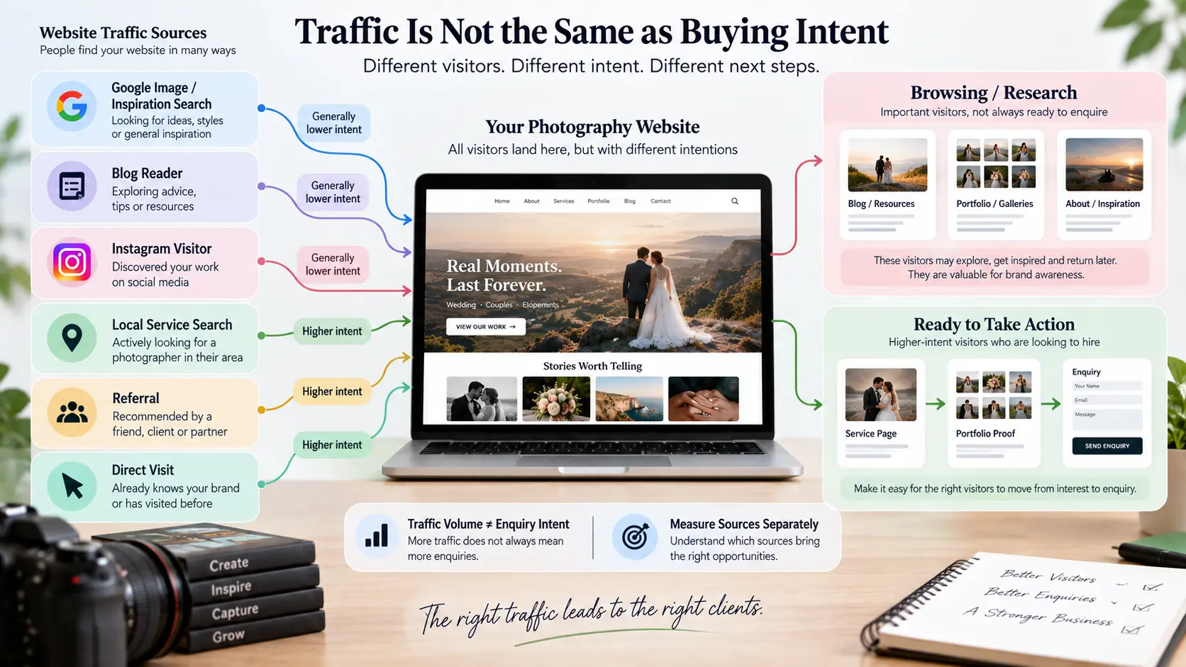 Photography website traffic-intent diagram separating general browsing traffic from visitors actively looking to hire a photographer.