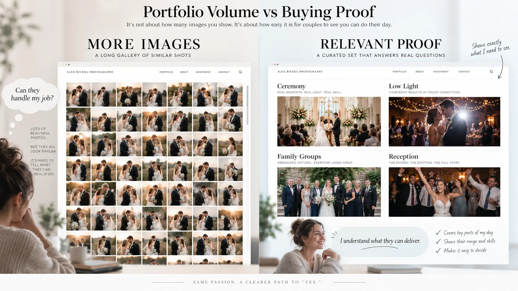 Comparison between a large repetitive photography portfolio and a curated portfolio that proves capability for a client's specific requirements.