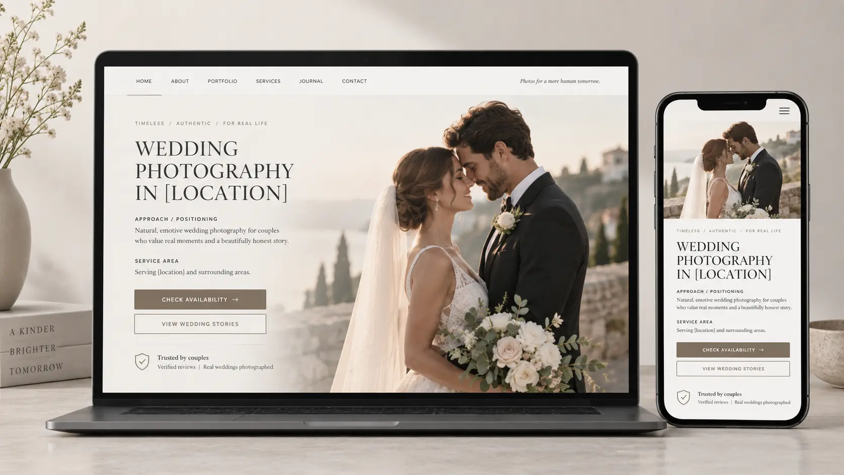 Wedding photography service page combining wedding imagery, service details, location information and an enquiry path.