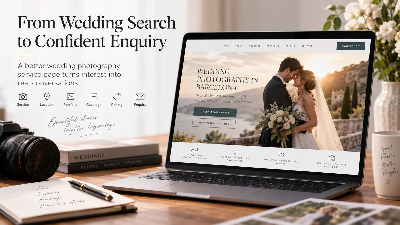 Wedding photography workflow from initial enquiry and availability check through proposal, booking, wedding coverage and final gallery delivery.