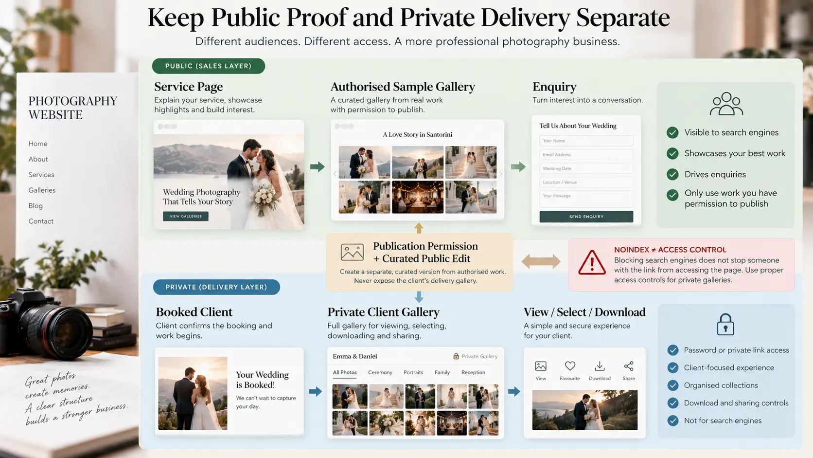 Photography website architecture separating authorised public sample galleries from password-protected private client delivery.