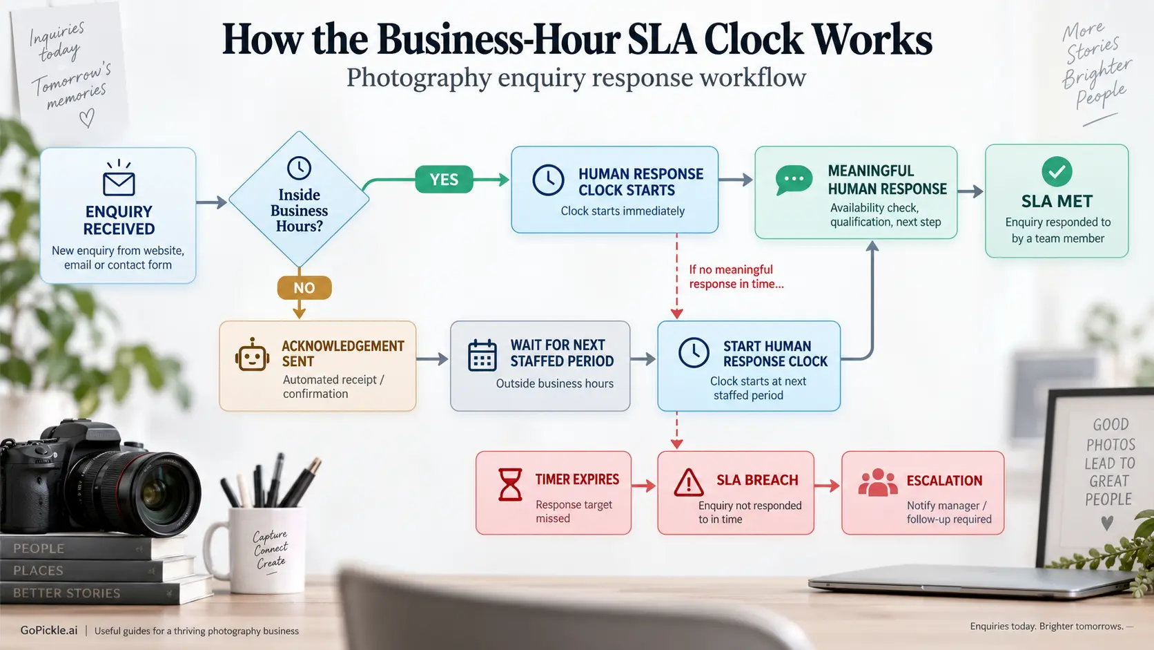 Business-hour photography enquiry SLA showing when the human response clock starts, pauses outside staffed hours and escalates after a breach.