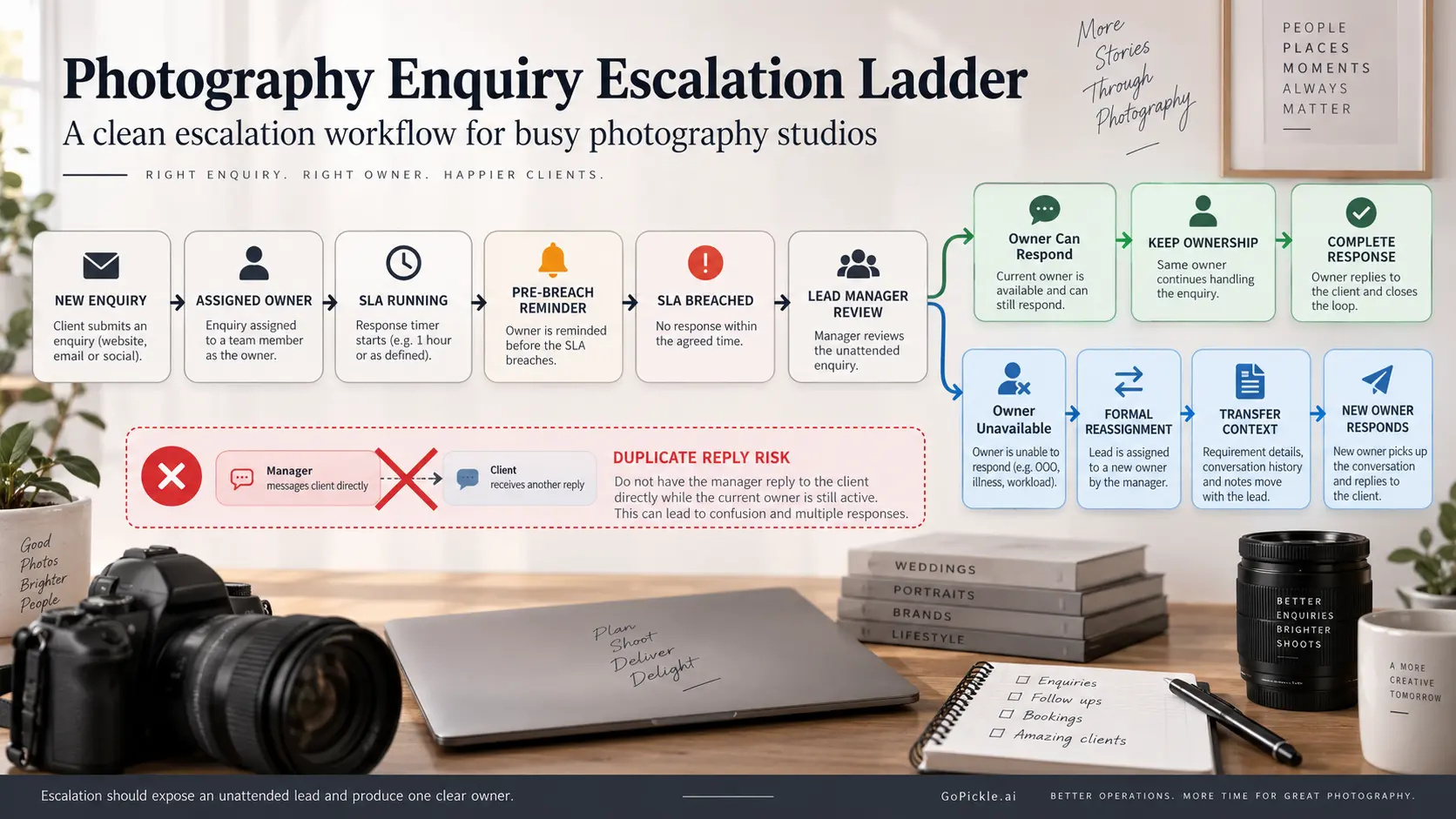 Photography enquiry escalation workflow showing reminders, SLA breach review, retained ownership or formal reassignment without duplicate replies.