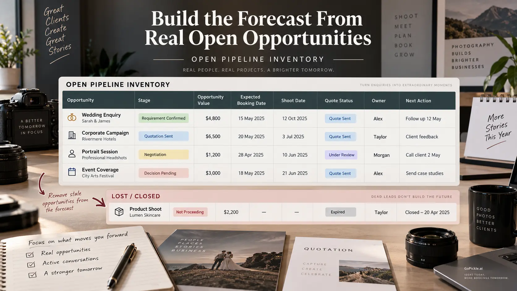 Photography open pipeline inventory showing stages, opportunity value, booking dates, shoot dates, quotations, ownership and next actions.