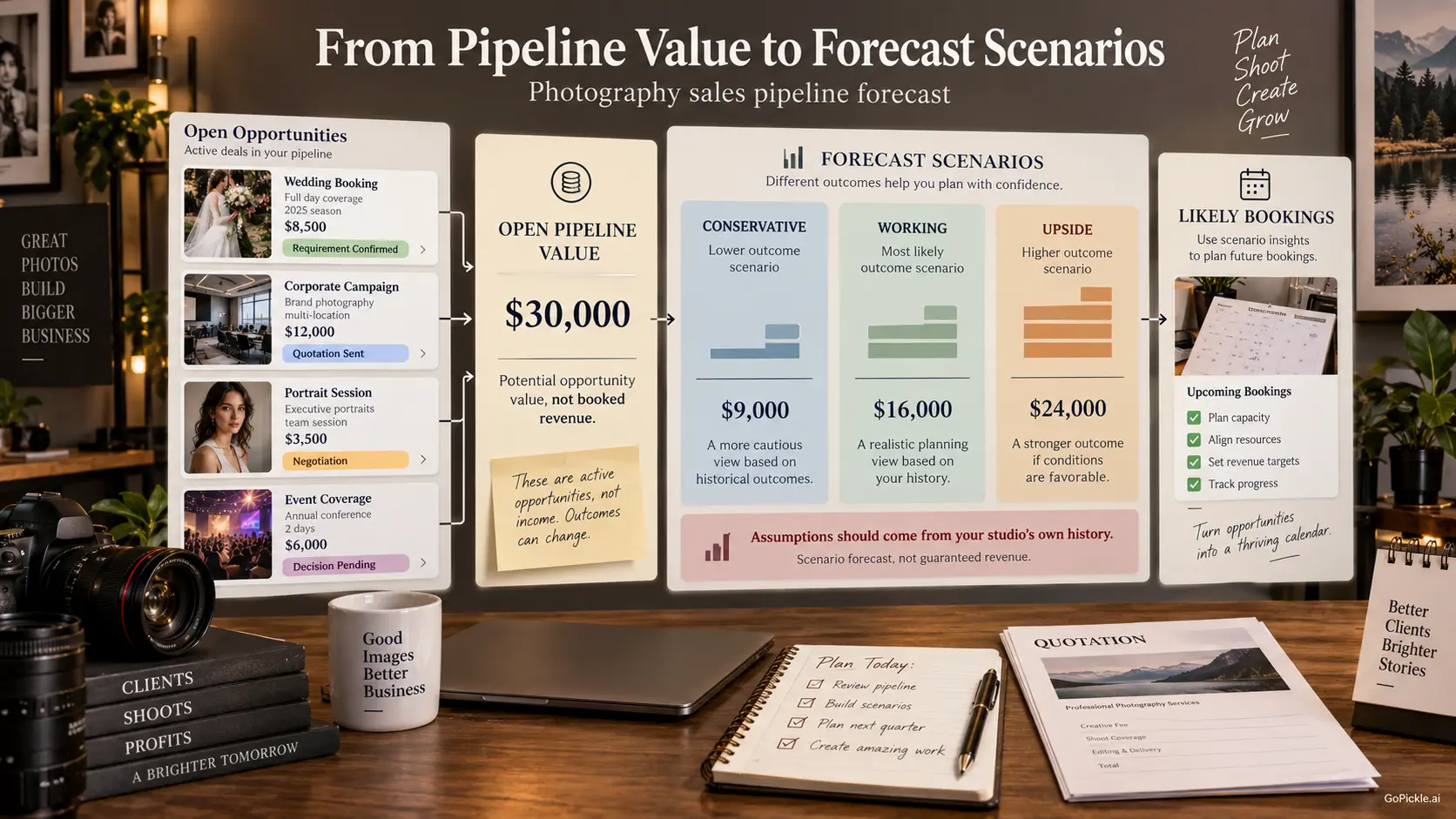 Photography sales pipeline forecast separating total opportunity value from conservative, working and upside booking scenarios.