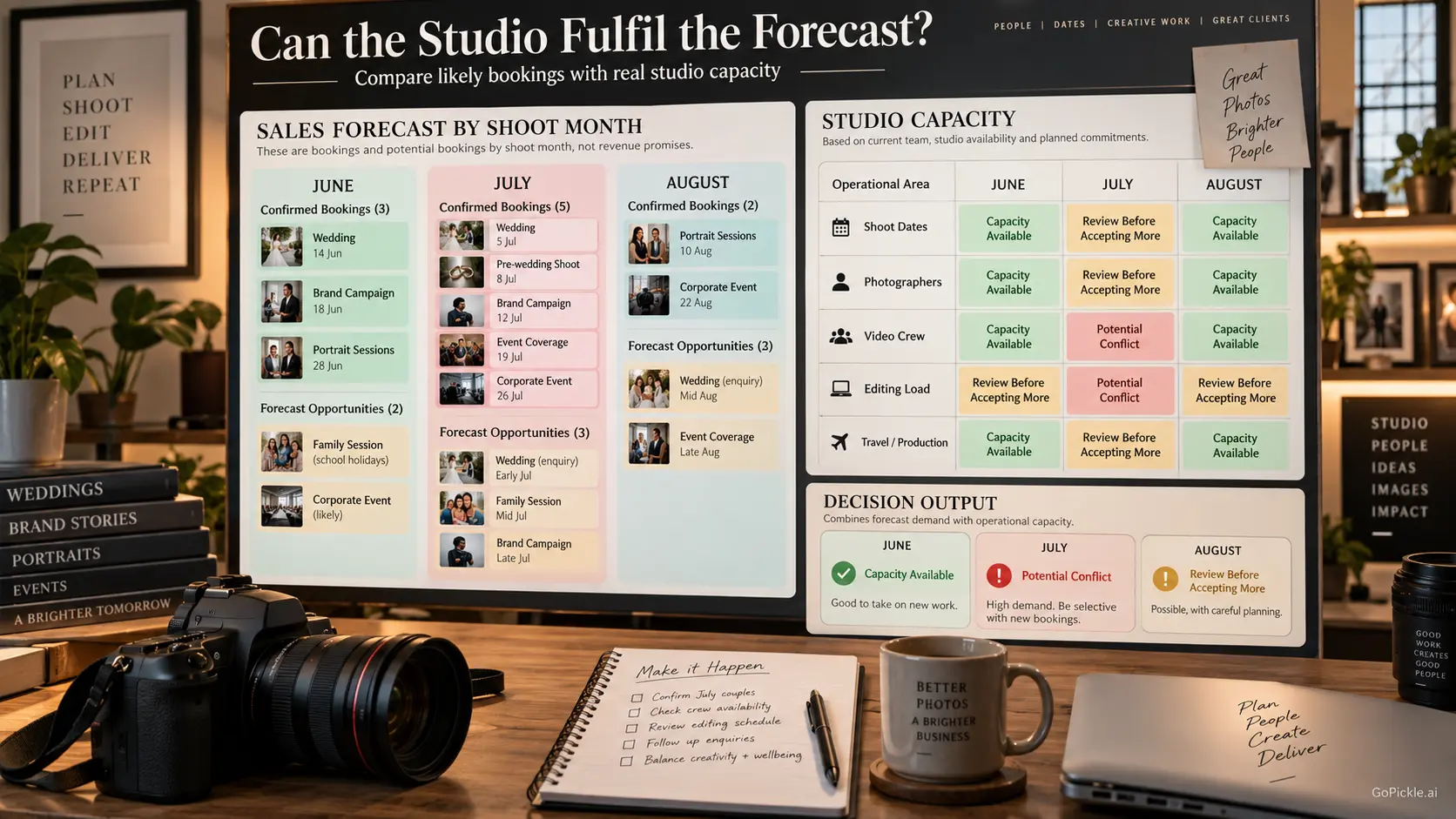 Photography booking forecast compared with future shoot dates, crew, editing and production capacity.