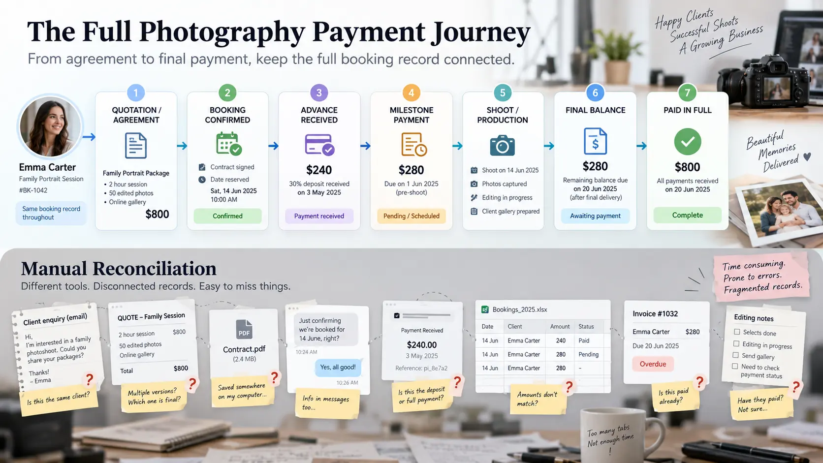 Photography payment workflow connecting quotation, booking, advance, instalments, production and final balance.