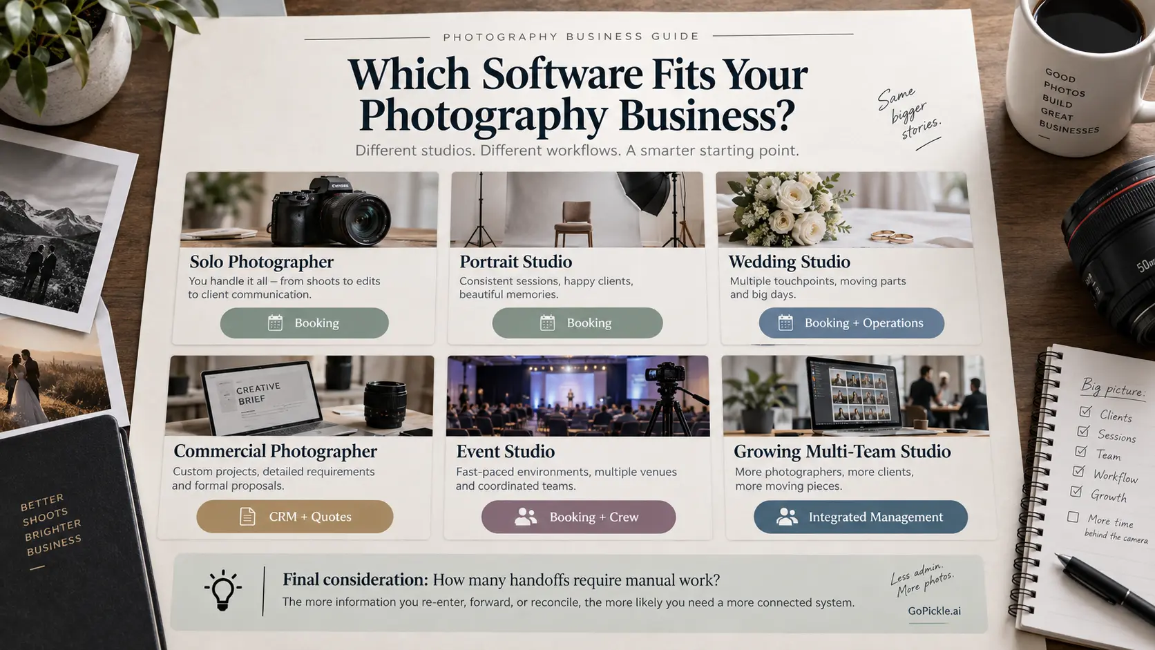 Photography software decision framework matching different types of studios with CRM, booking or integrated management systems.